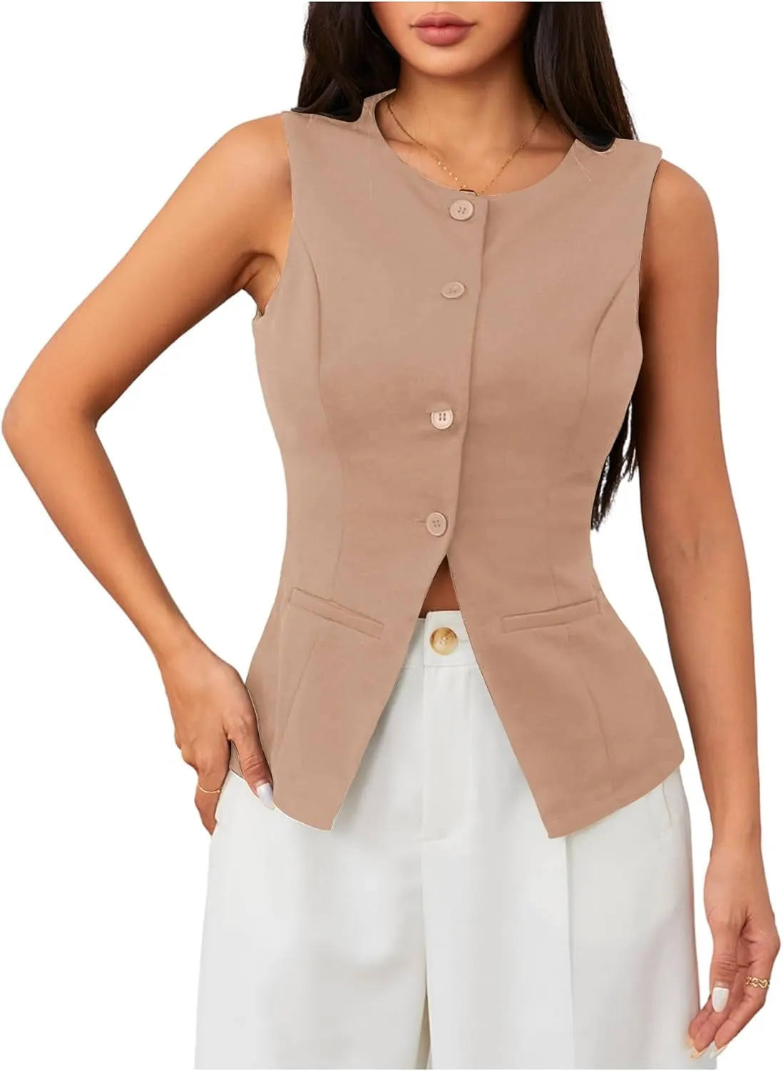 MakeMeChic Women's Vest Top Sleeveless Blazer Split Hem Button Down Dressy Suit Vest Outerwear Waistcoat