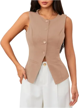 MakeMeChic Women's Vest Top Sleeveless Blazer Split Hem Button Down Dressy Suit Vest Outerwear Waistcoat