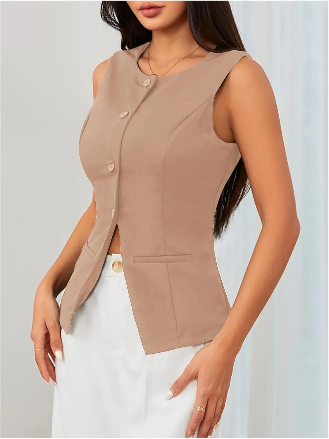 MakeMeChic Women's Vest Top Sleeveless Blazer Split Hem Button Down Dressy Suit Vest Outerwear Waistcoat