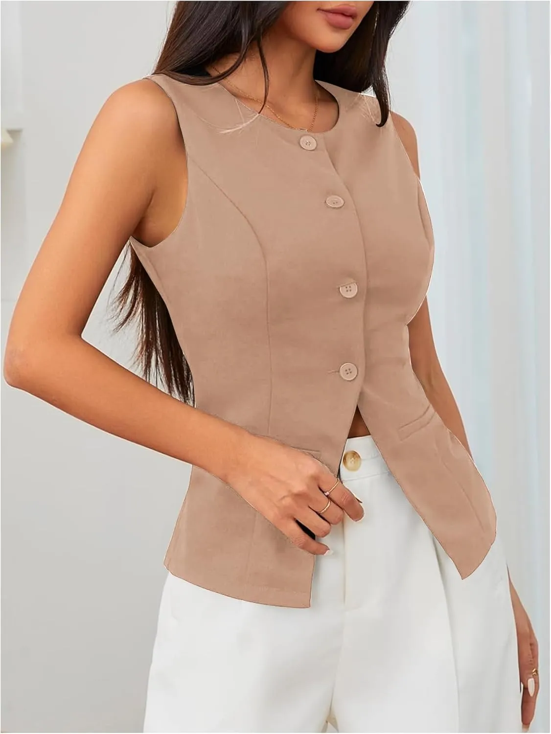MakeMeChic Women's Vest Top Sleeveless Blazer Split Hem Button Down Dressy Suit Vest Outerwear Waistcoat