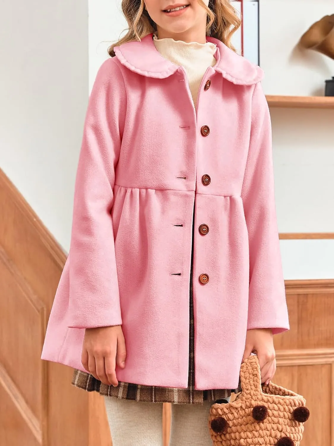 Meikulo Girls Dress Coat Casual Faux Wool Lapel Warm Jackets Kids Cute Ruffle Belt Outerwear 5-14 Years