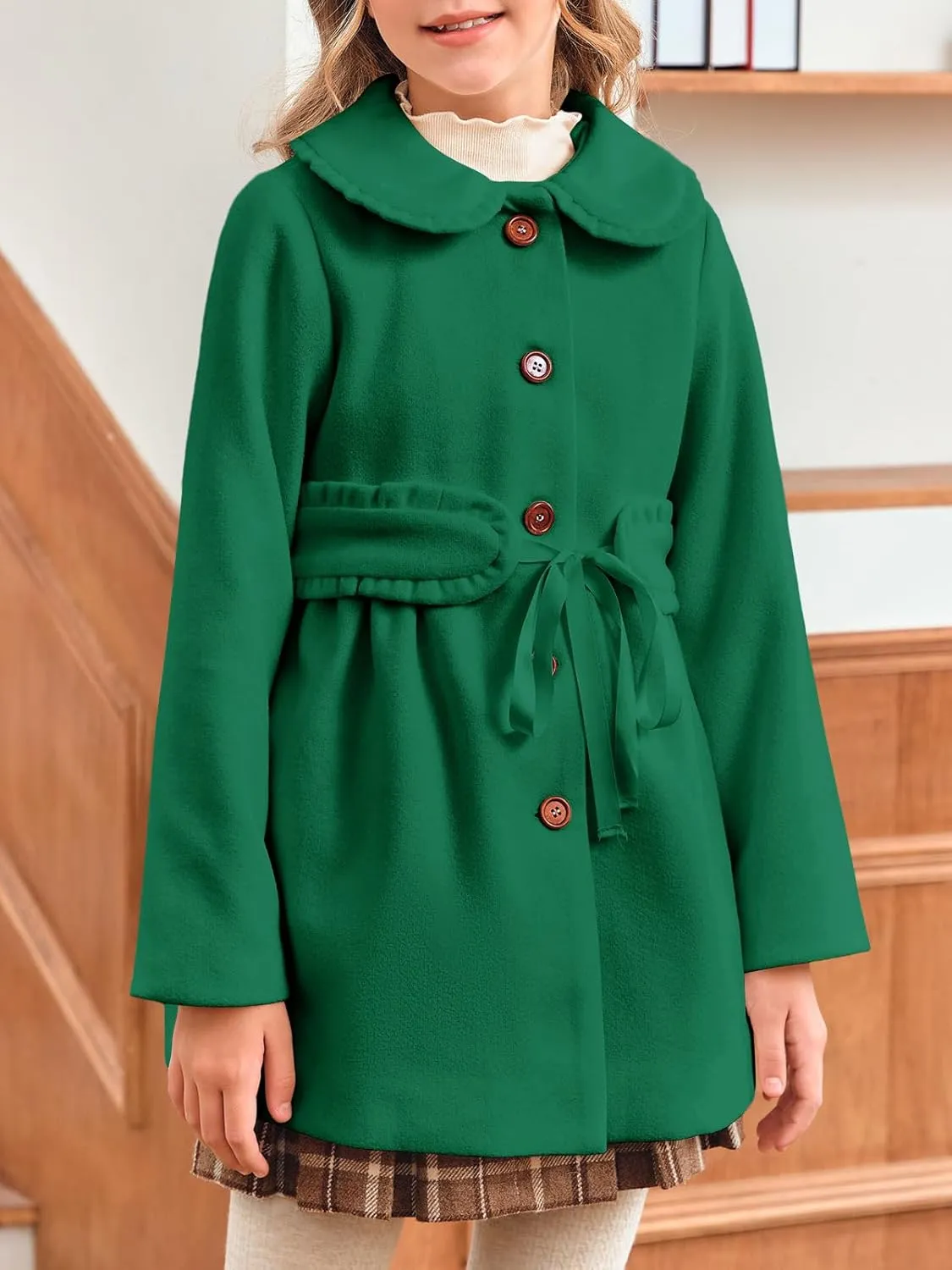 Meikulo Girls Dress Coat Casual Faux Wool Lapel Warm Jackets Kids Cute Ruffle Belt Outerwear 5-14 Years