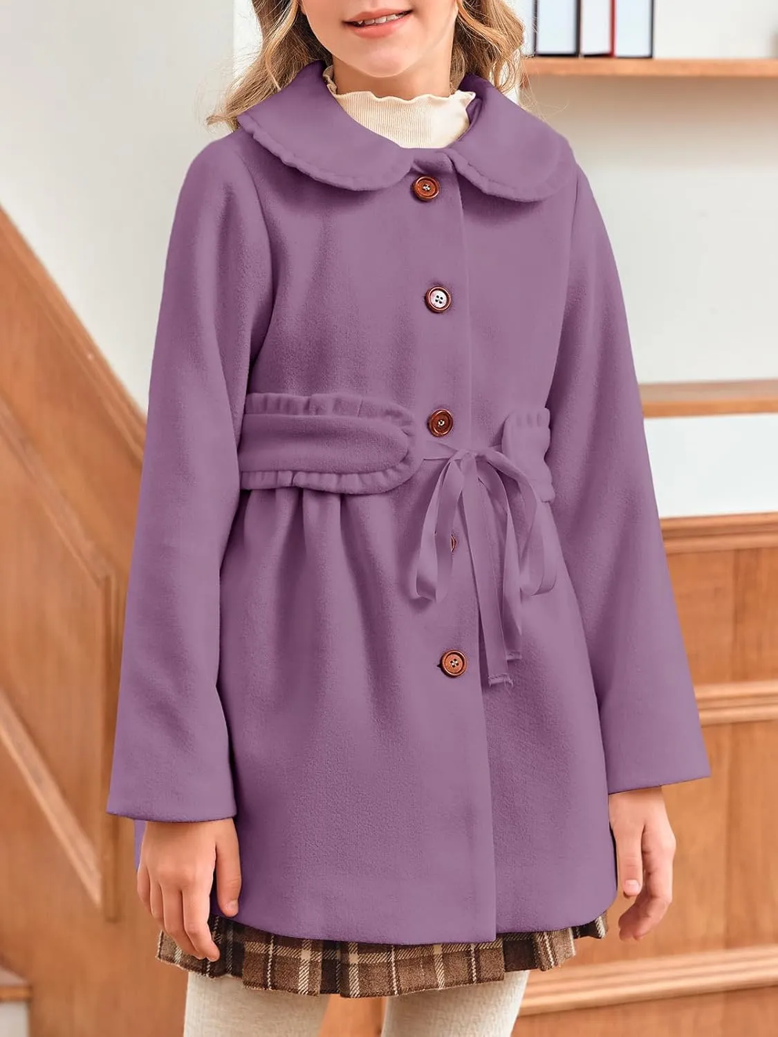 Meikulo Girls Dress Coat Casual Faux Wool Lapel Warm Jackets Kids Cute Ruffle Belt Outerwear 5-14 Years