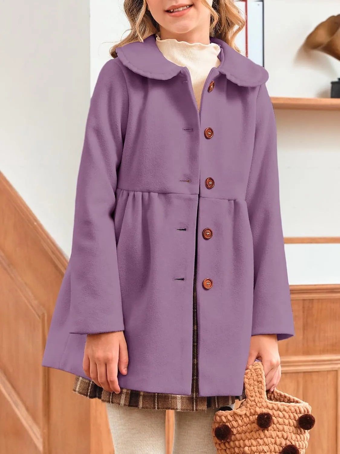Meikulo Girls Dress Coat Casual Faux Wool Lapel Warm Jackets Kids Cute Ruffle Belt Outerwear 5-14 Years