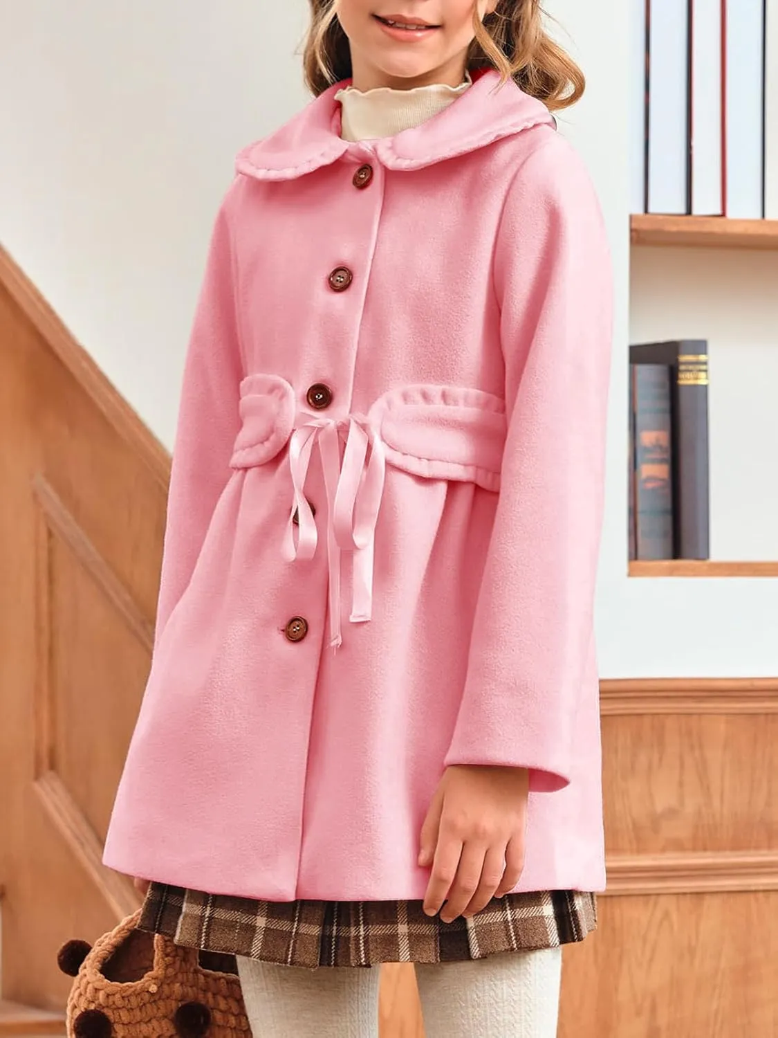 Meikulo Girls Dress Coat Casual Faux Wool Lapel Warm Jackets Kids Cute Ruffle Belt Outerwear 5-14 Years