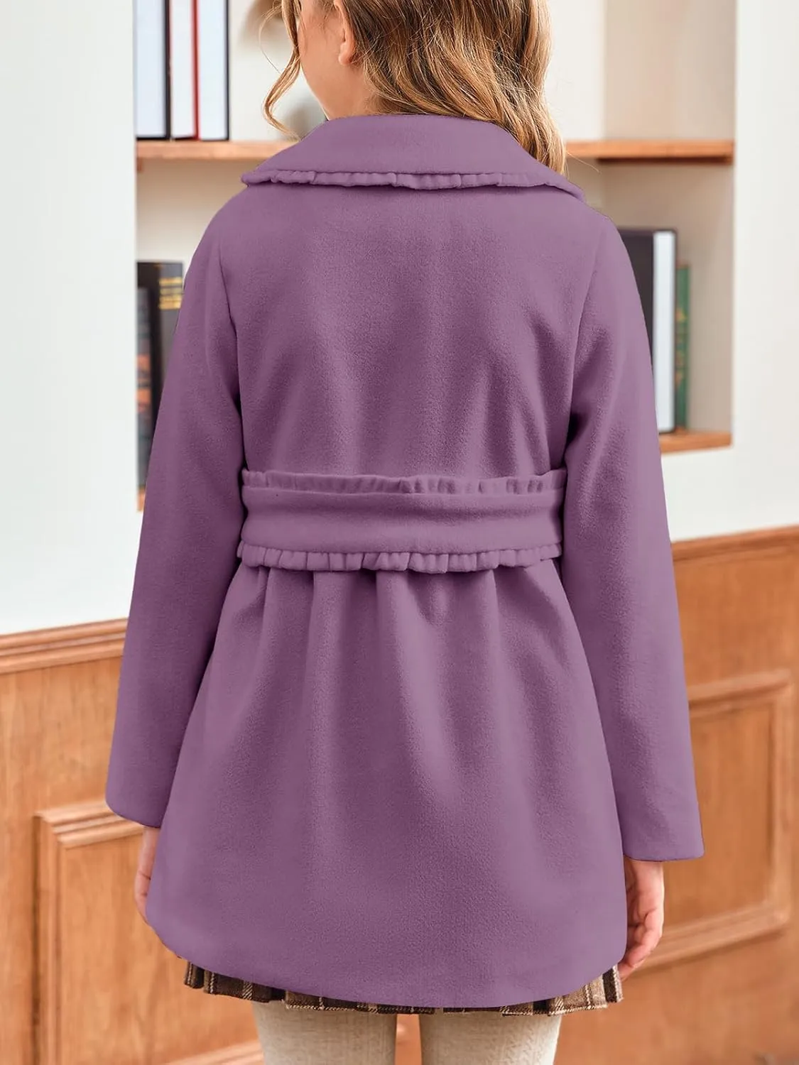 Meikulo Girls Dress Coat Casual Faux Wool Lapel Warm Jackets Kids Cute Ruffle Belt Outerwear 5-14 Years