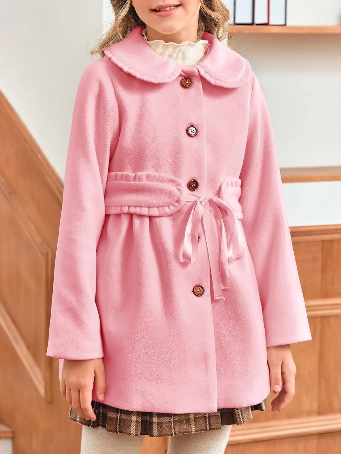Meikulo Girls Dress Coat Casual Faux Wool Lapel Warm Jackets Kids Cute Ruffle Belt Outerwear 5-14 Years