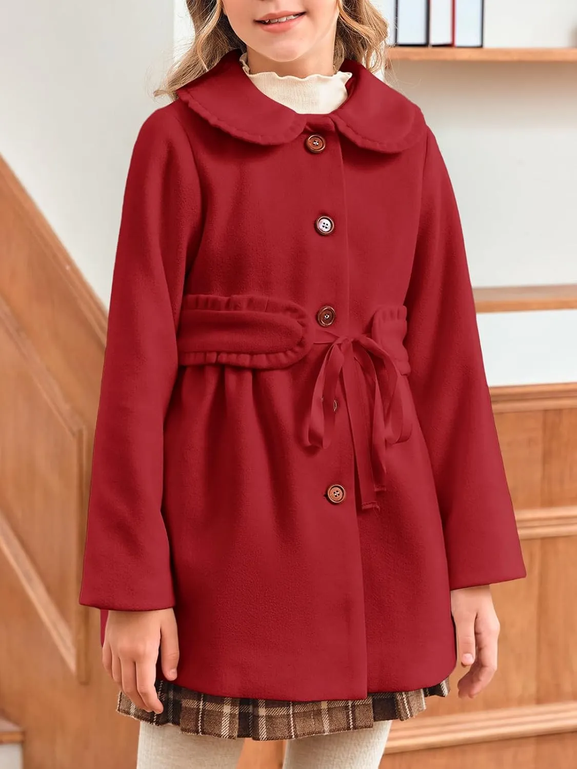 Meikulo Girls Dress Coat Casual Faux Wool Lapel Warm Jackets Kids Cute Ruffle Belt Outerwear 5-14 Years