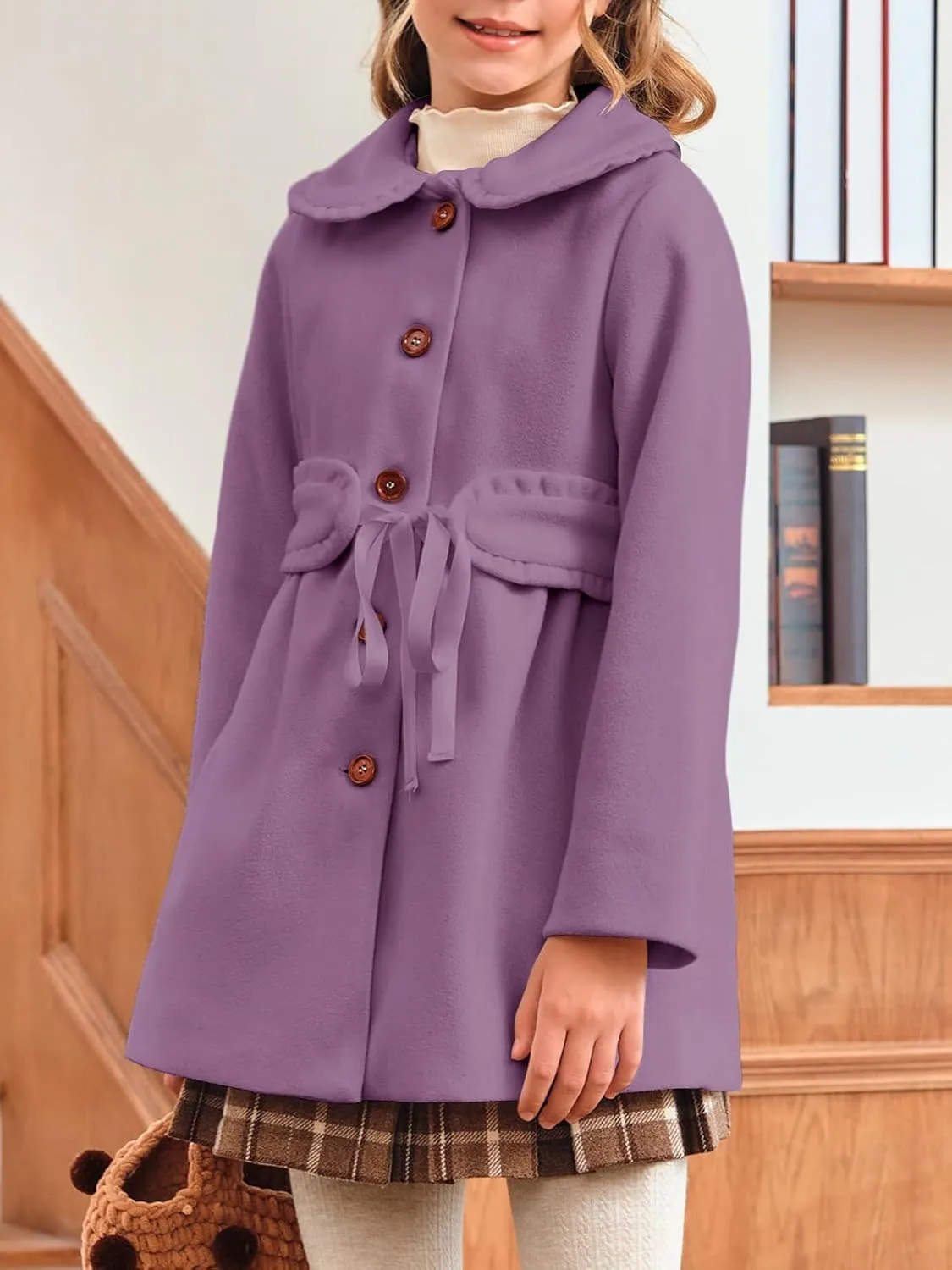 Meikulo Girls Dress Coat Casual Faux Wool Lapel Warm Jackets Kids Cute Ruffle Belt Outerwear 5-14 Years