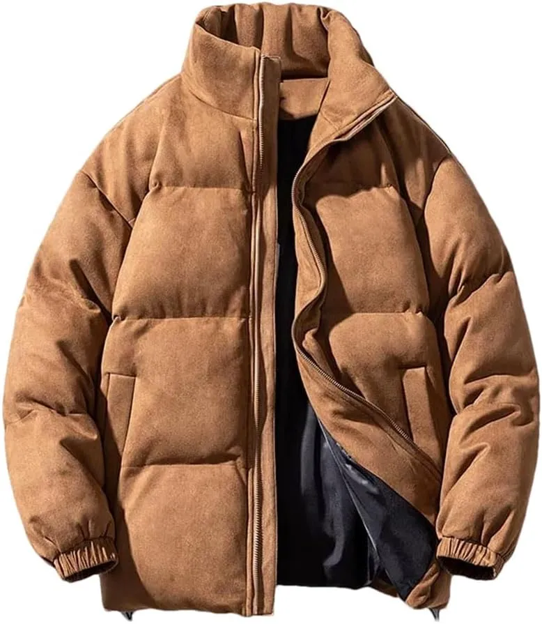 Men Faux Leather Puffer Jacket Vintage Stand Collar Pockets Warm Cotton-Padded Parkas Coat