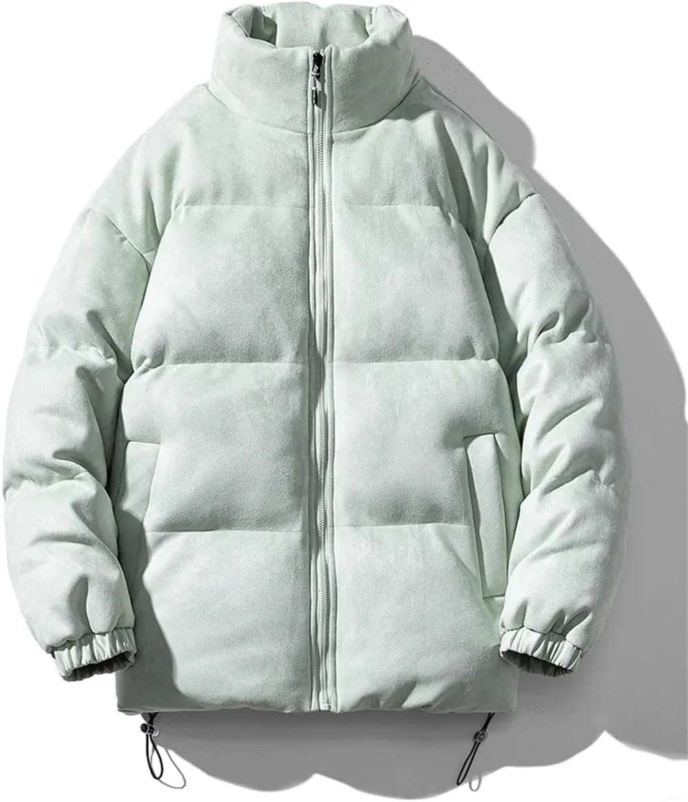Men Faux Leather Puffer Jacket Vintage Stand Collar Pockets Warm Cotton-Padded Parkas Coat