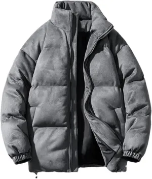 Men Faux Leather Puffer Jacket Vintage Stand Collar Pockets Warm Cotton-Padded Parkas Coat