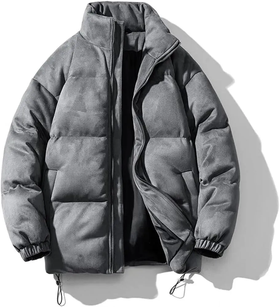 Men Faux Leather Puffer Jacket Vintage Stand Collar Pockets Warm Cotton-Padded Parkas Coat