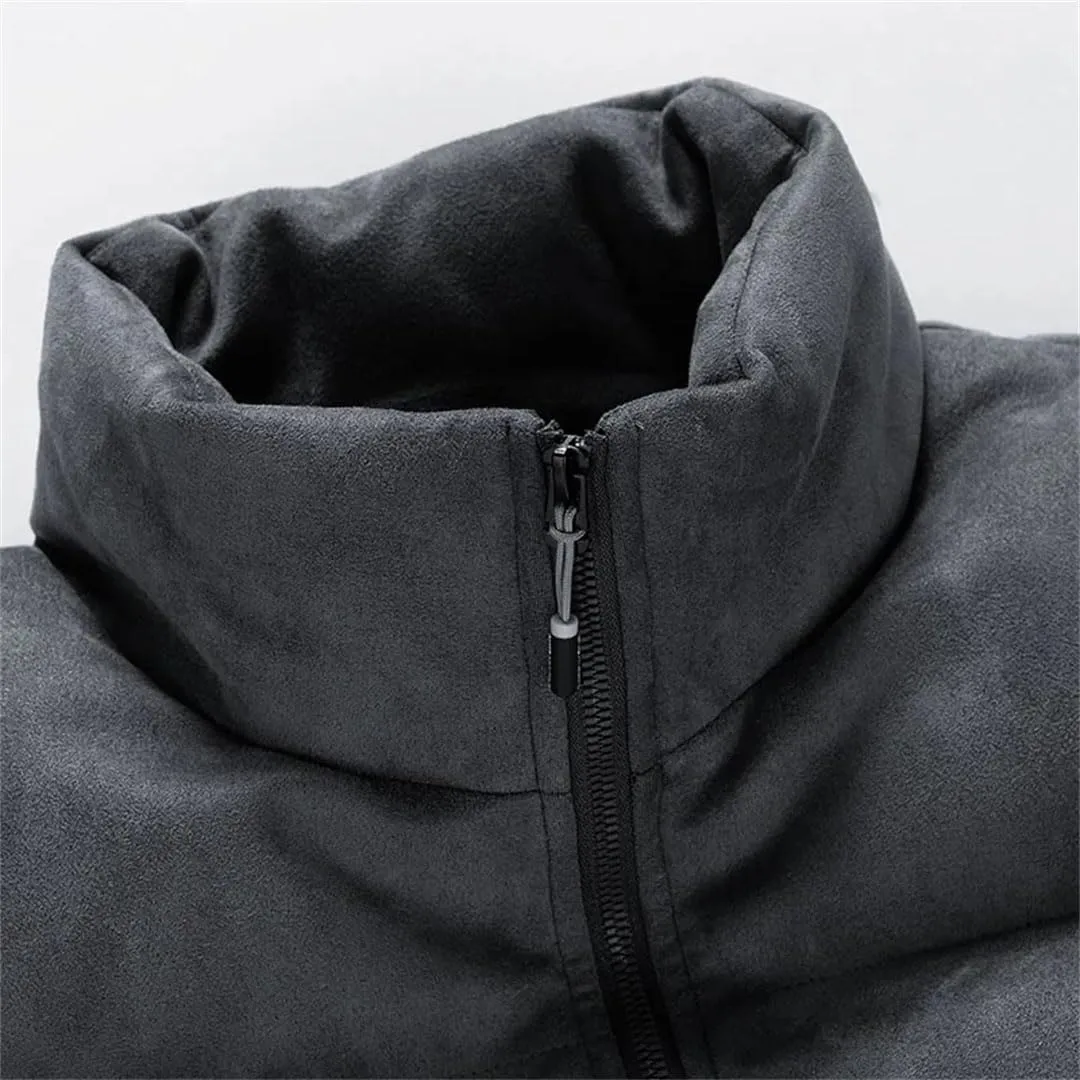 Men Faux Leather Puffer Jacket Vintage Stand Collar Pockets Warm Cotton-Padded Parkas Coat