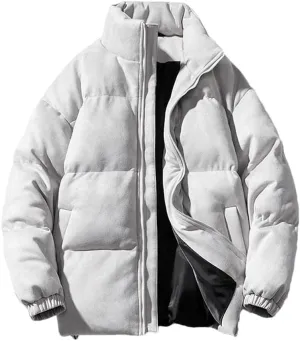 Men Faux Leather Puffer Jacket Vintage Stand Collar Pockets Warm Cotton-Padded Parkas Coat