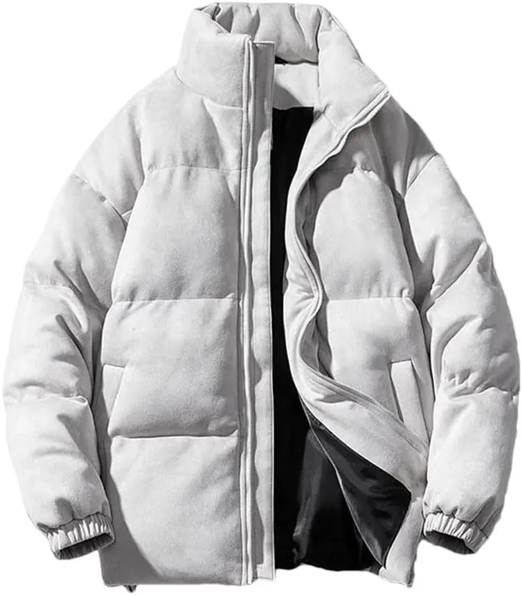 Men Faux Leather Puffer Jacket Vintage Stand Collar Pockets Warm Cotton-Padded Parkas Coat