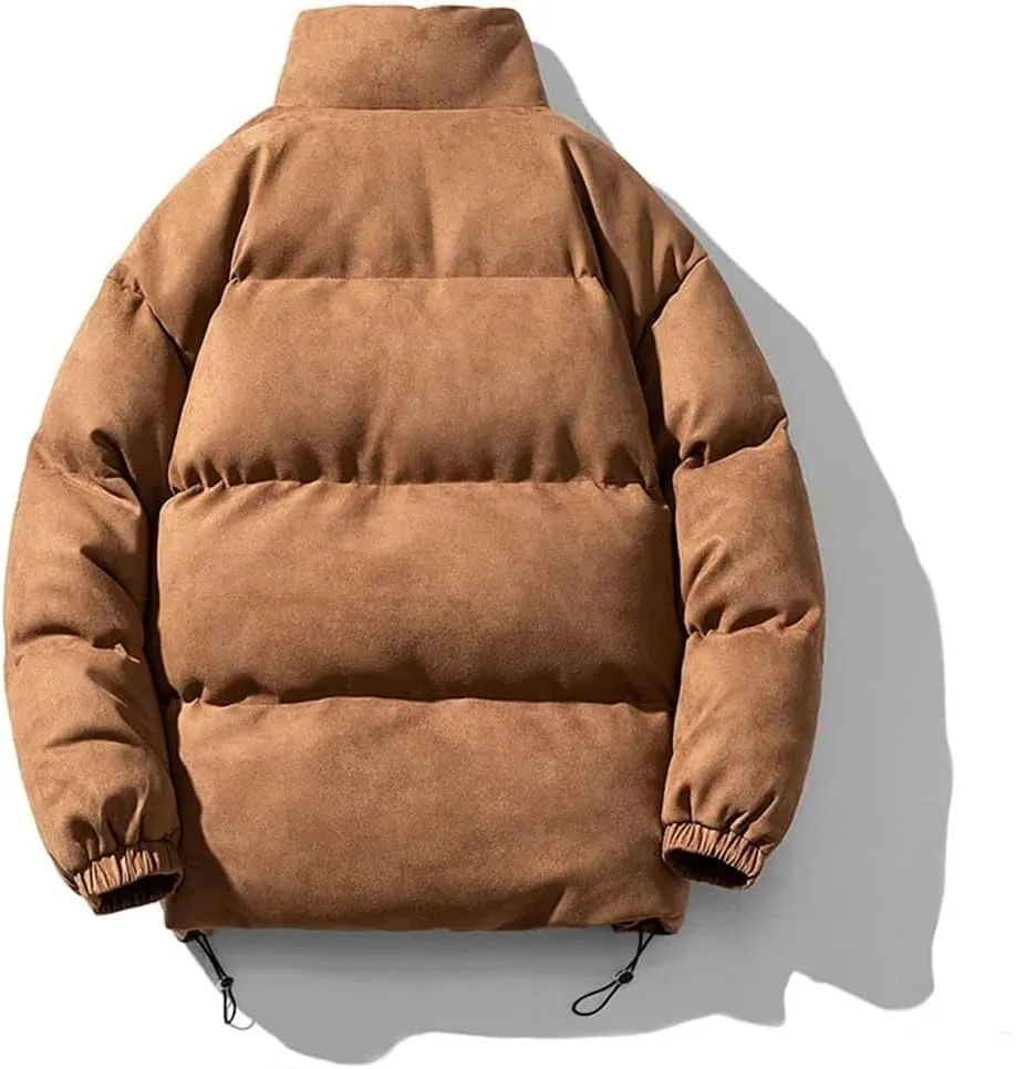 Men Faux Leather Puffer Jacket Vintage Stand Collar Pockets Warm Cotton-Padded Parkas Coat