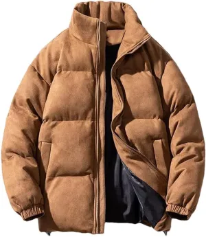 Men Faux Leather Puffer Jacket Vintage Stand Collar Pockets Warm Cotton-Padded Parkas Coat