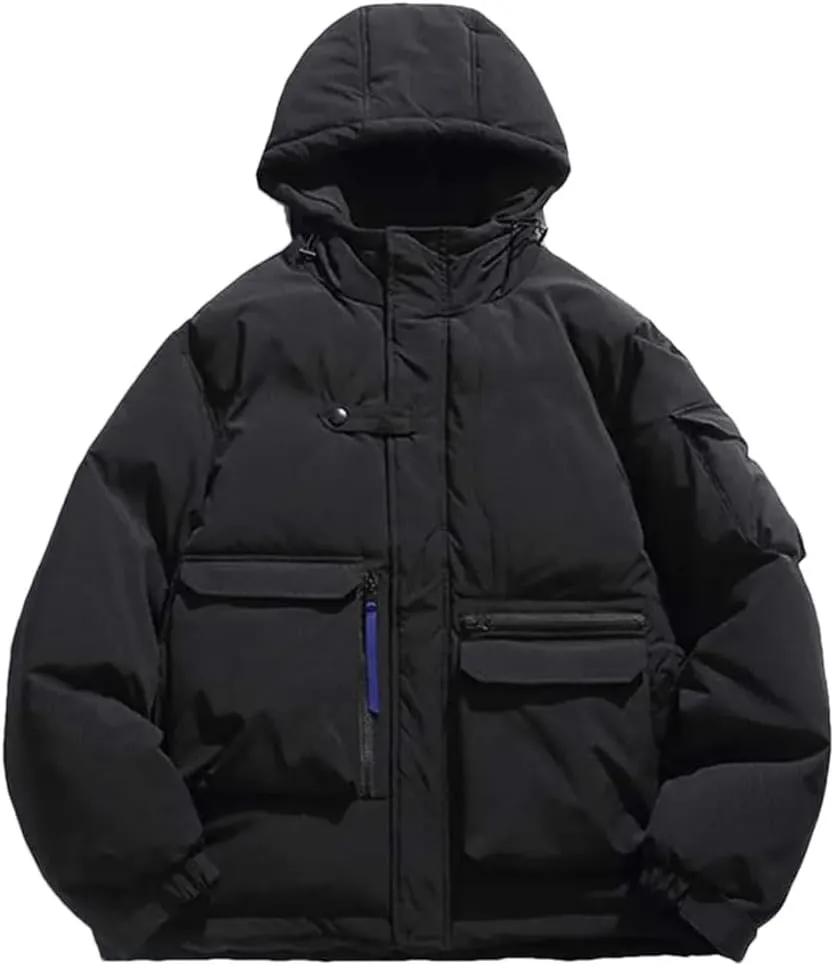Men Hooded Parka Jackets Streewtear Solid Thicken Warm Cotton Padded Pockets Harajuku Coat