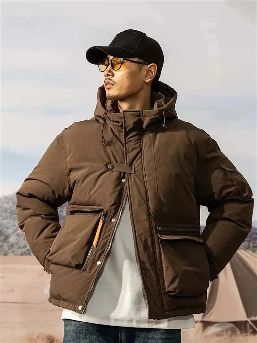 Men Hooded Parka Jackets Streewtear Solid Thicken Warm Cotton Padded Pockets Harajuku Coat
