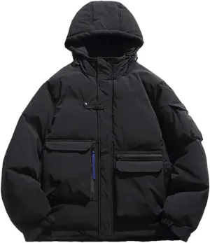 Men Hooded Parka Jackets Streewtear Solid Thicken Warm Cotton Padded Pockets Harajuku Coat