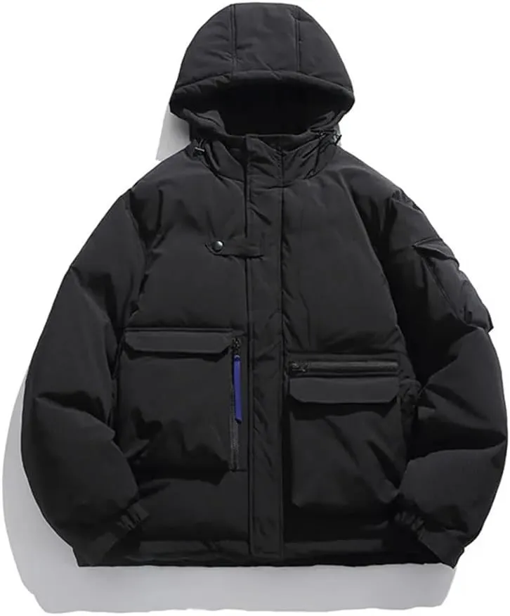 Men Hooded Parka Jackets Streewtear Solid Thicken Warm Cotton Padded Pockets Harajuku Coat