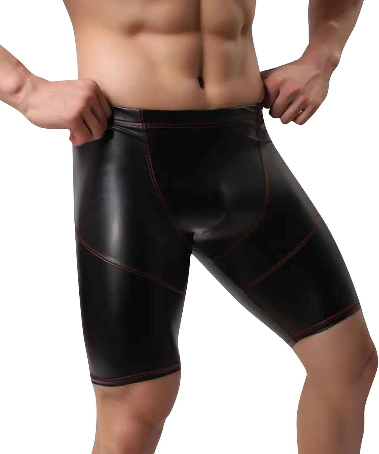 Men Leather Boxer, Sexy Short Soft Stretch Pants Bulge Pouch Shiny Leather Short Pants