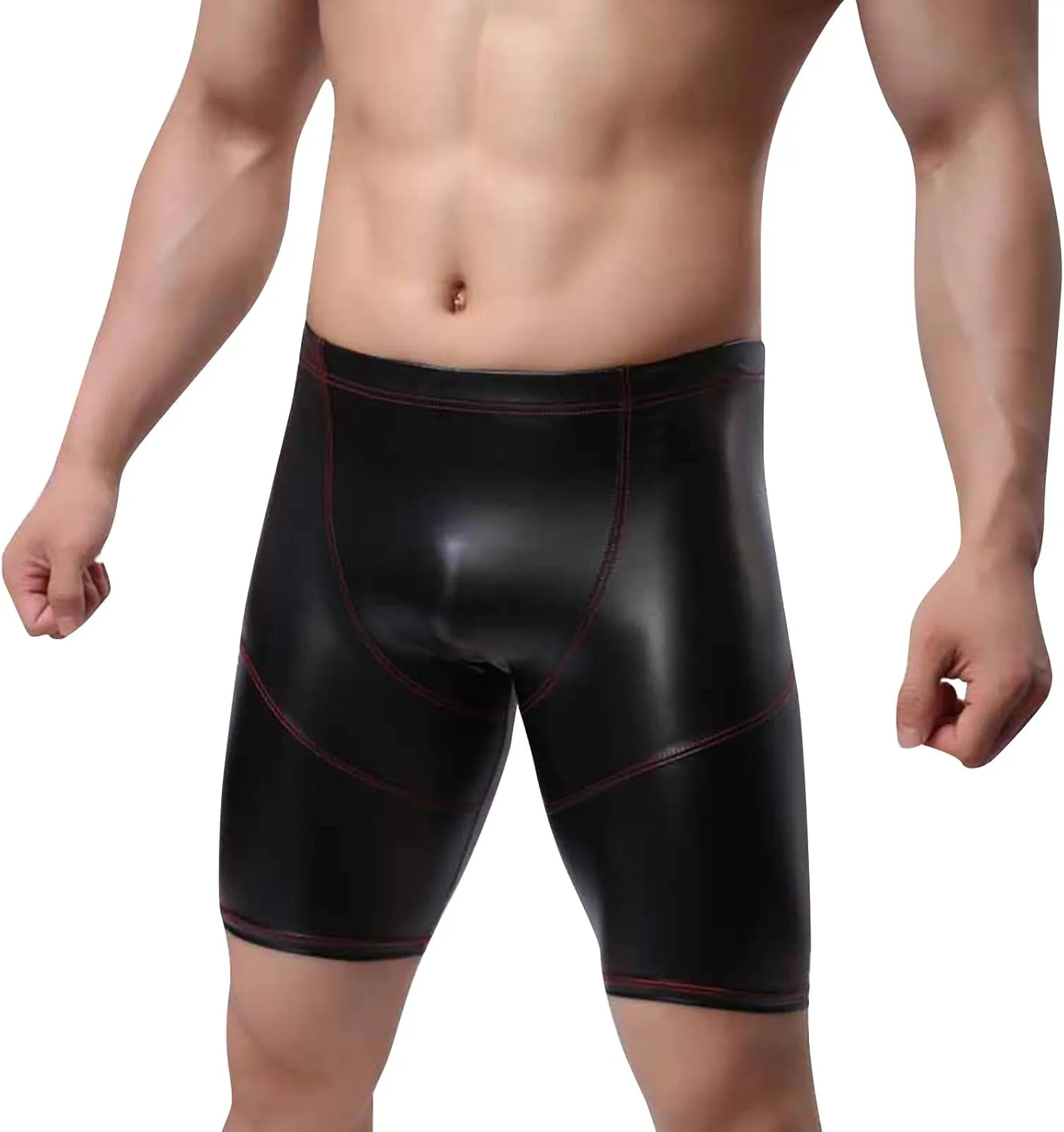 Men Leather Boxer, Sexy Short Soft Stretch Pants Bulge Pouch Shiny Leather Short Pants