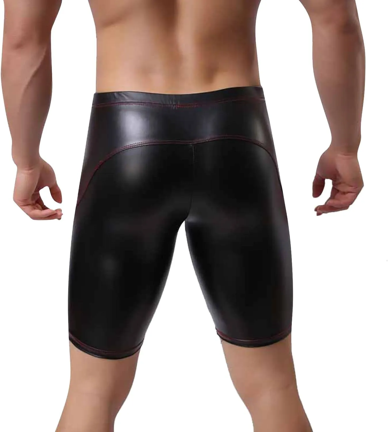 Men Leather Boxer, Sexy Short Soft Stretch Pants Bulge Pouch Shiny Leather Short Pants