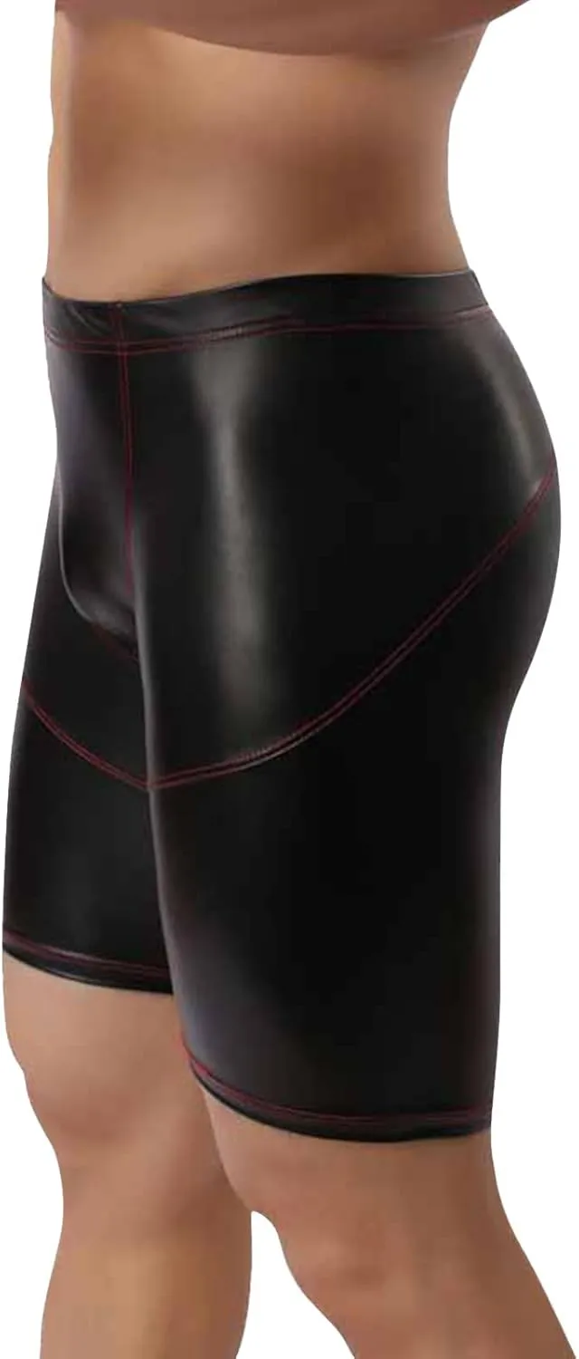 Men Leather Boxer, Sexy Short Soft Stretch Pants Bulge Pouch Shiny Leather Short Pants