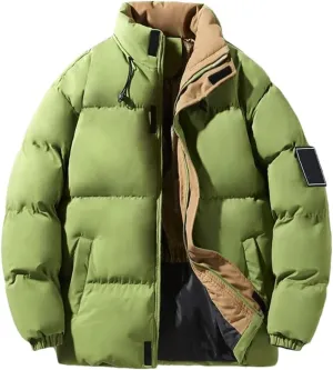 Men Patchwork Thick Puffer Jacket Parka Down Coat Stand Collar Loose Cotton-Padded Jackets