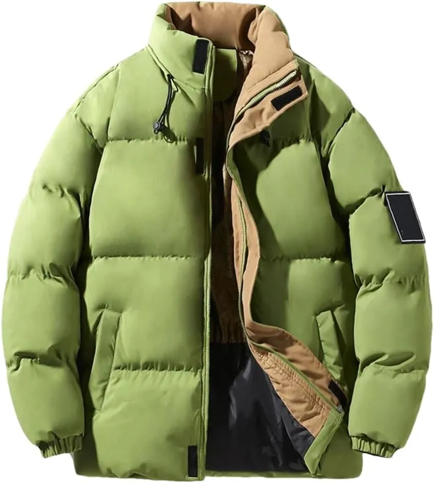 Men Patchwork Thick Puffer Jacket Parka Down Coat Stand Collar Loose Cotton-Padded Jackets