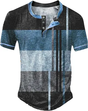 Men Polo Shirt Sleeved Casual Top Striped Plaid Retro Western Denim Print Button Men's T Shirt Top Polo White Tees
