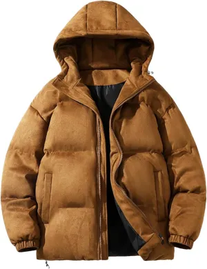 Men Suede Parka Hoodie Jacket Puffer Jacket With Cotton Padded Winter Coats