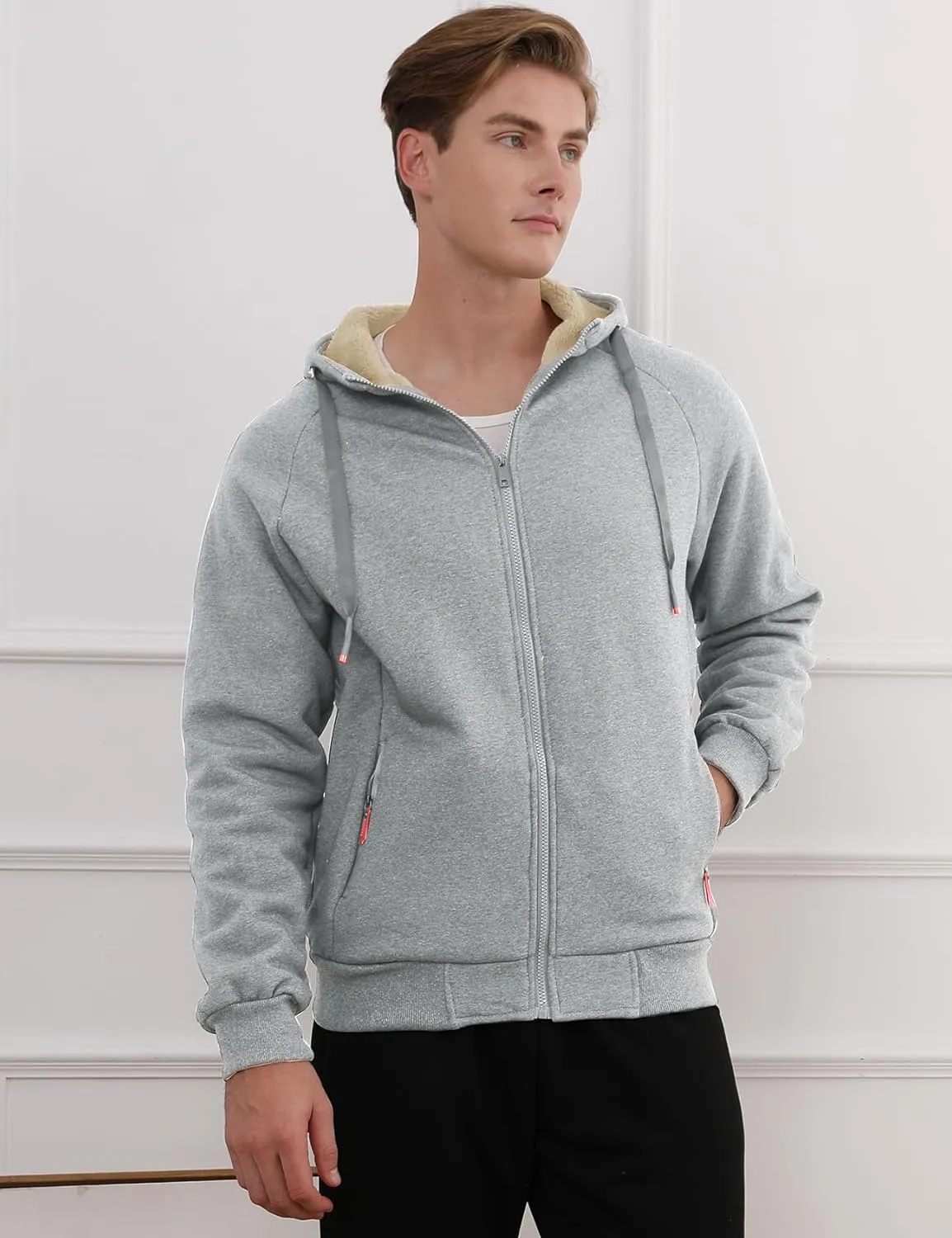 Men Winter Sherpa Lined Hoodie Warm Heavyweight Fleece Jacket Casual Zip Up Thick Hooded Sweatshirt