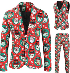 Mens 3 Piece Christmas Blazer Suit Sets Party Costumes Suits Xmas Festival Outfit Tuxedo Blazers Vest Pants Set