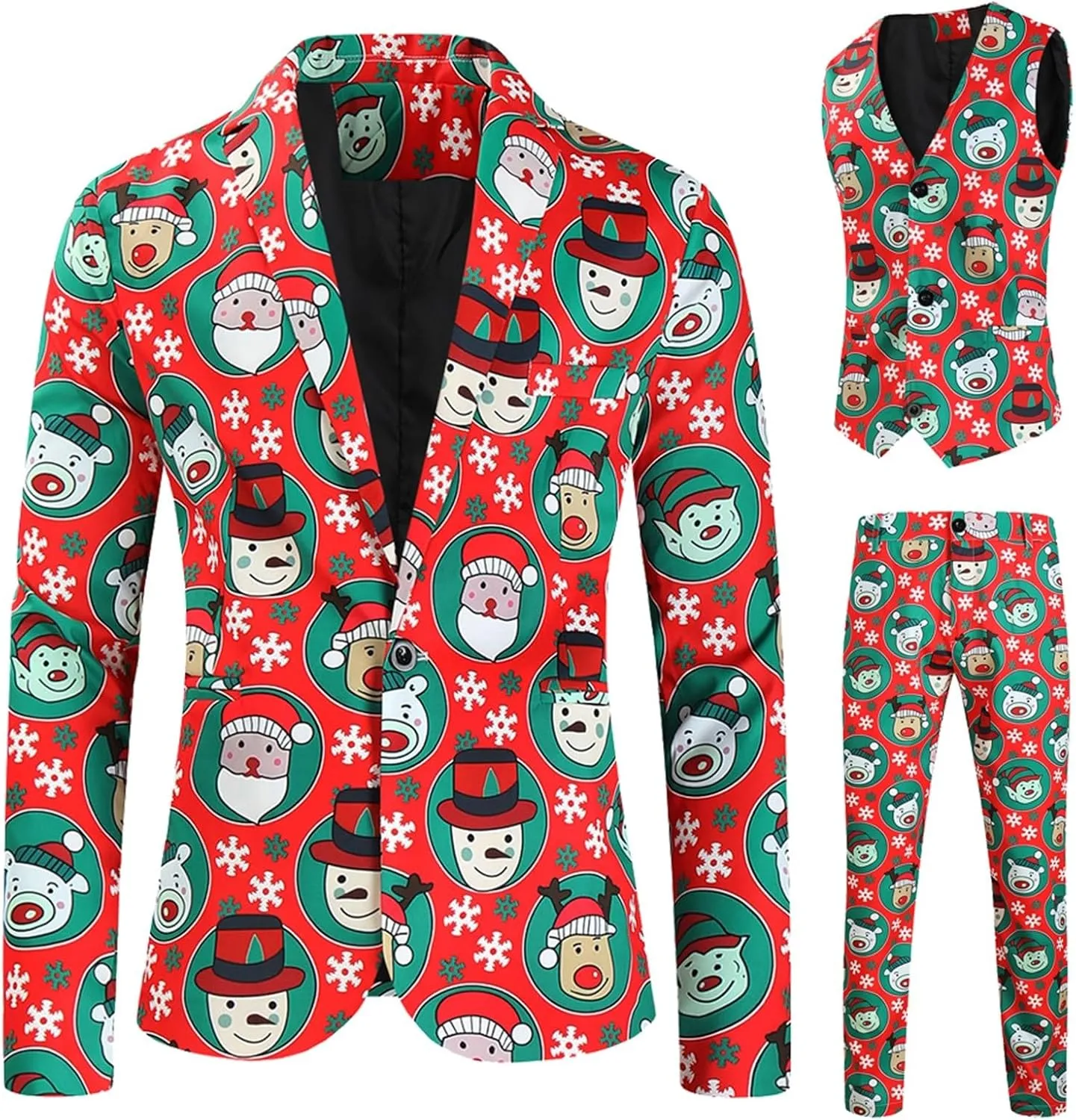 Mens 3 Piece Christmas Blazer Suit Sets Party Costumes Suits Xmas Festival Outfit Tuxedo Blazers Vest Pants Set