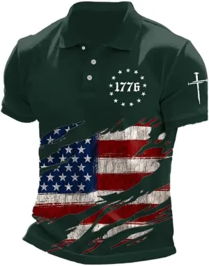Men's American Flag Cross Print 1776 Polo Shirt 4Th of July T-Shirt