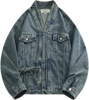 Men's Asymmetrical Lace-Up Denim Jackets Trendy High Street Retro Large Size Loose Coat