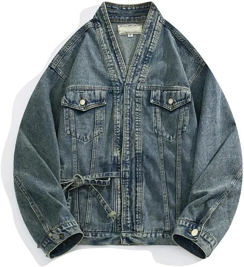 Men's Asymmetrical Lace-Up Denim Jackets Trendy High Street Retro Large Size Loose Coat