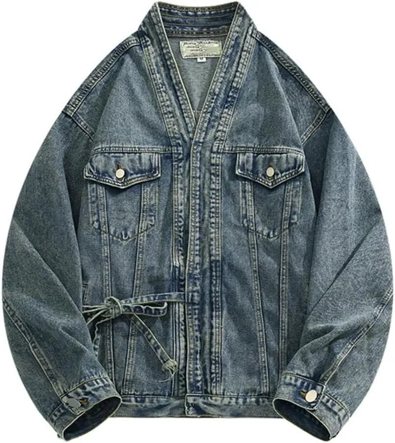 Men's Asymmetrical Lace-Up Denim Jackets Trendy High Street Retro Large Size Loose Coat