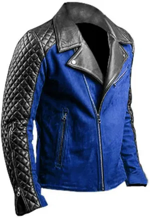 Mens Brando Quilted Leather Sleeves Blue & Black Denim Motorcycle Biker Jacket