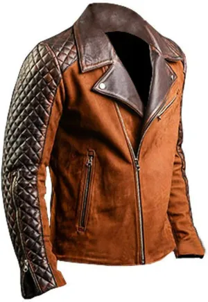 Mens Brando Quilted Leather Sleeves Blue & Black Denim Motorcycle Biker Jacket