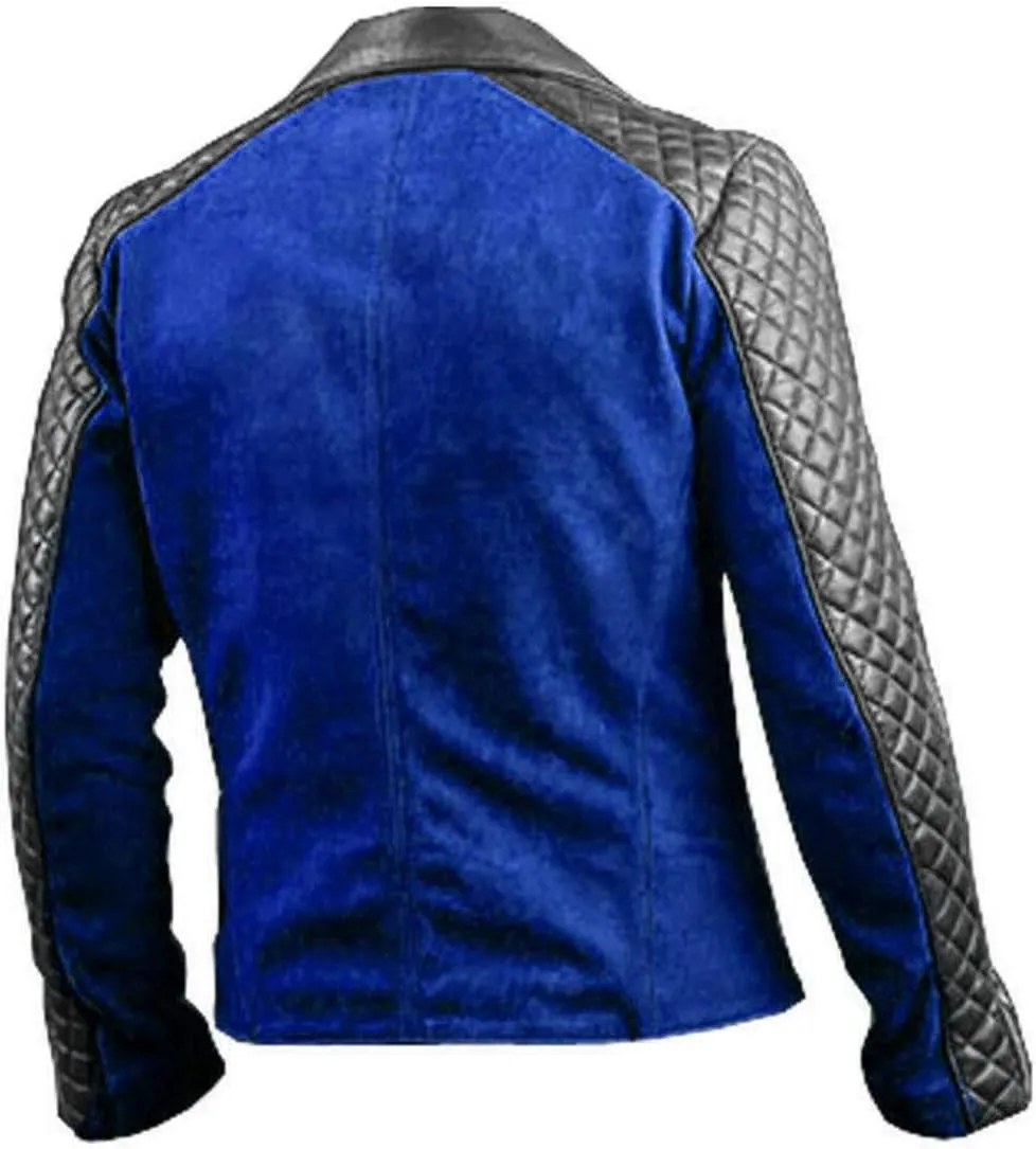 Mens Brando Quilted Leather Sleeves Blue & Black Denim Motorcycle Biker Jacket