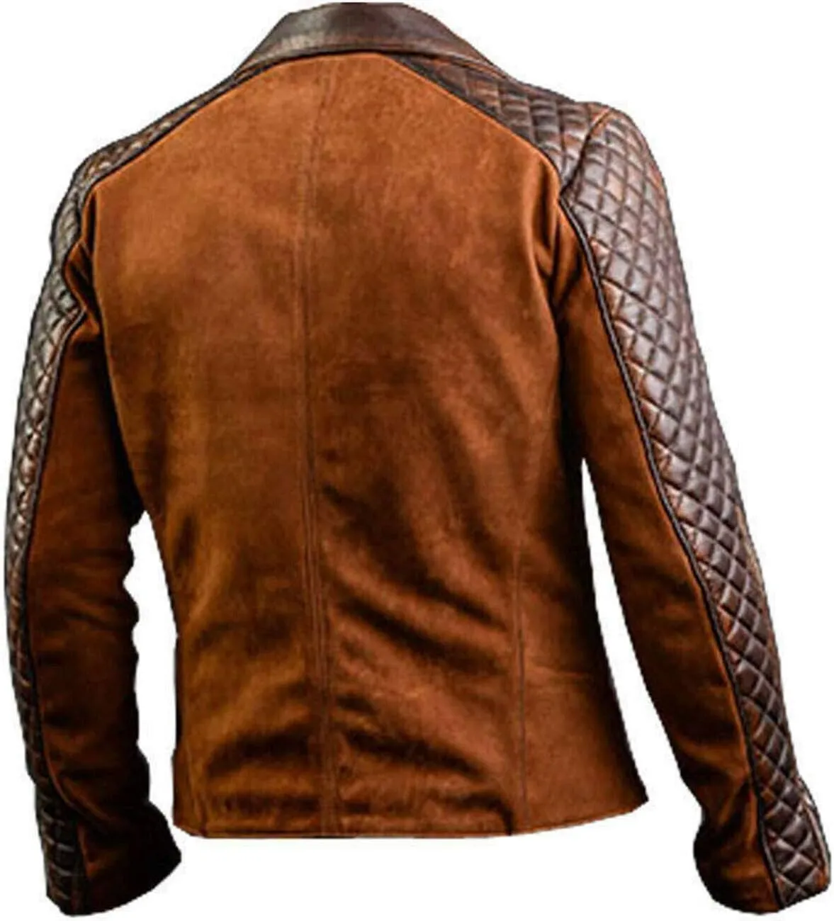 Mens Brando Quilted Leather Sleeves Blue & Black Denim Motorcycle Biker Jacket