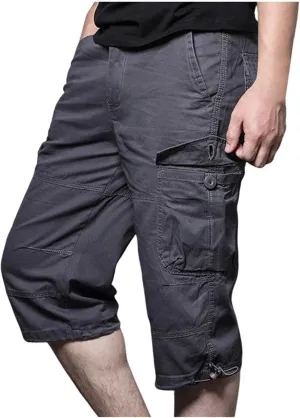 Men's Cargo Pants Casual Twill Elastic Waist Relaxed Fit 3/4 Capri Pants Below Knee Long Shorts with Multi Pockets