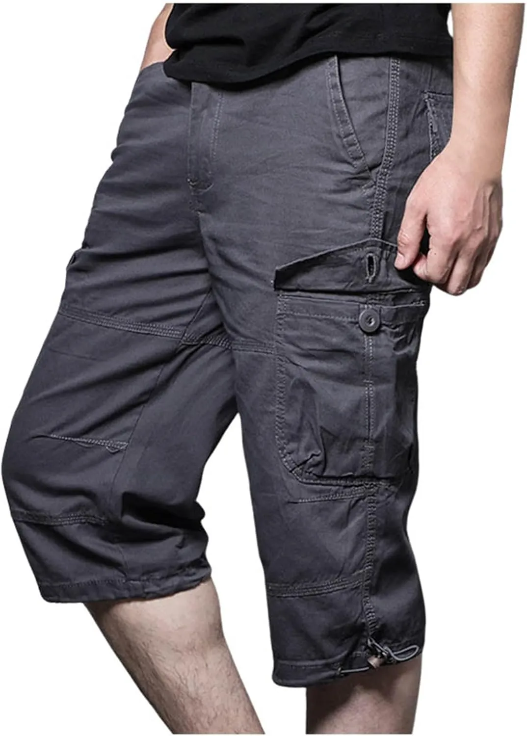 Men's Cargo Pants Casual Twill Elastic Waist Relaxed Fit 3/4 Capri Pants Below Knee Long Shorts with Multi Pockets