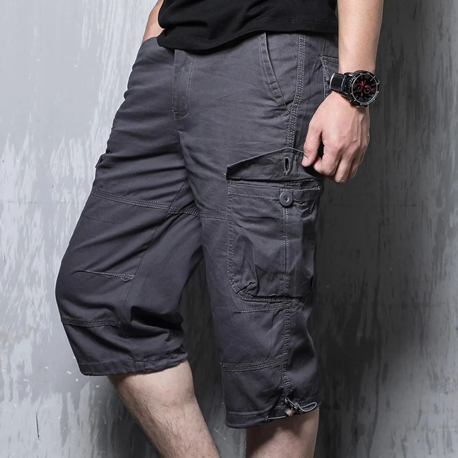 Men's Cargo Pants Casual Twill Elastic Waist Relaxed Fit 3/4 Capri Pants Below Knee Long Shorts with Multi Pockets