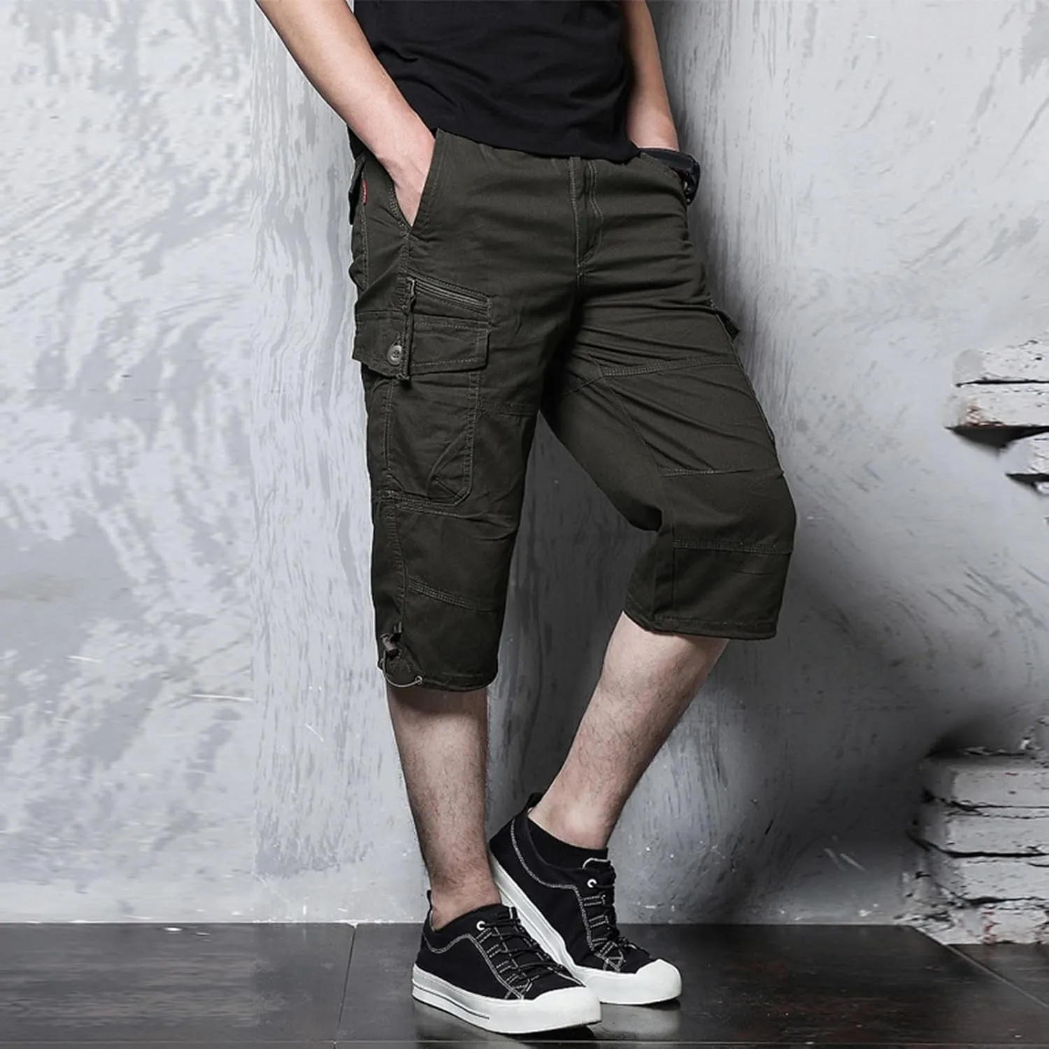Men's Cargo Pants Casual Twill Elastic Waist Relaxed Fit 3/4 Capri Pants Below Knee Long Shorts with Multi Pockets