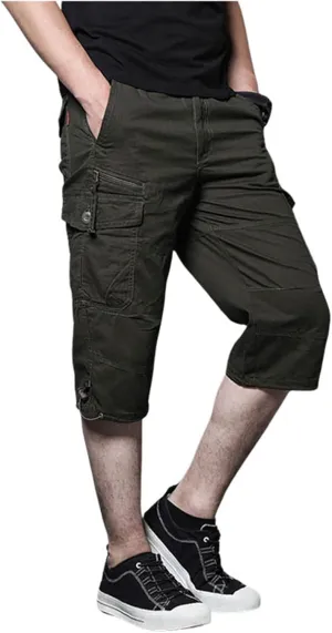 Men's Cargo Pants Casual Twill Elastic Waist Relaxed Fit 3/4 Capri Pants Below Knee Long Shorts with Multi Pockets
